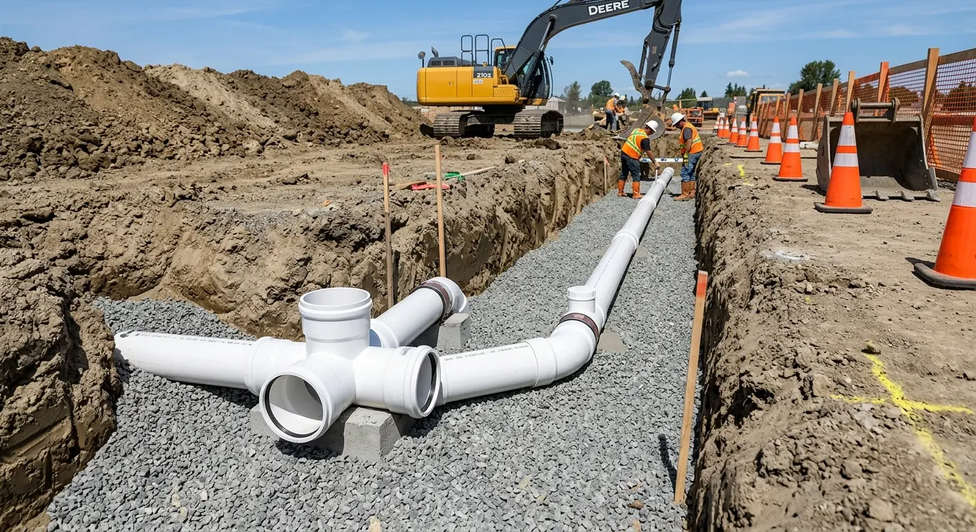 New PVC sewer pipe installation in open trench for Sewer Backup in Susanville