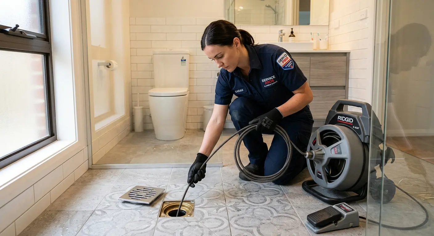 Technician clearing a bathroom floor drain for Drain Cleaning in Susanville